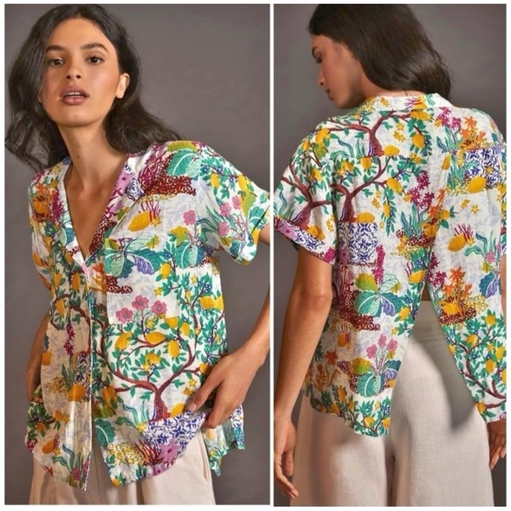 Maeve Anthropologie Lemon Print Linen Blend Blouse XS